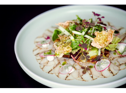 Salt-cured WHITE FISH CARPACCIO with horseradish-quince emulsion and camelina sativa seeds vinaigrette